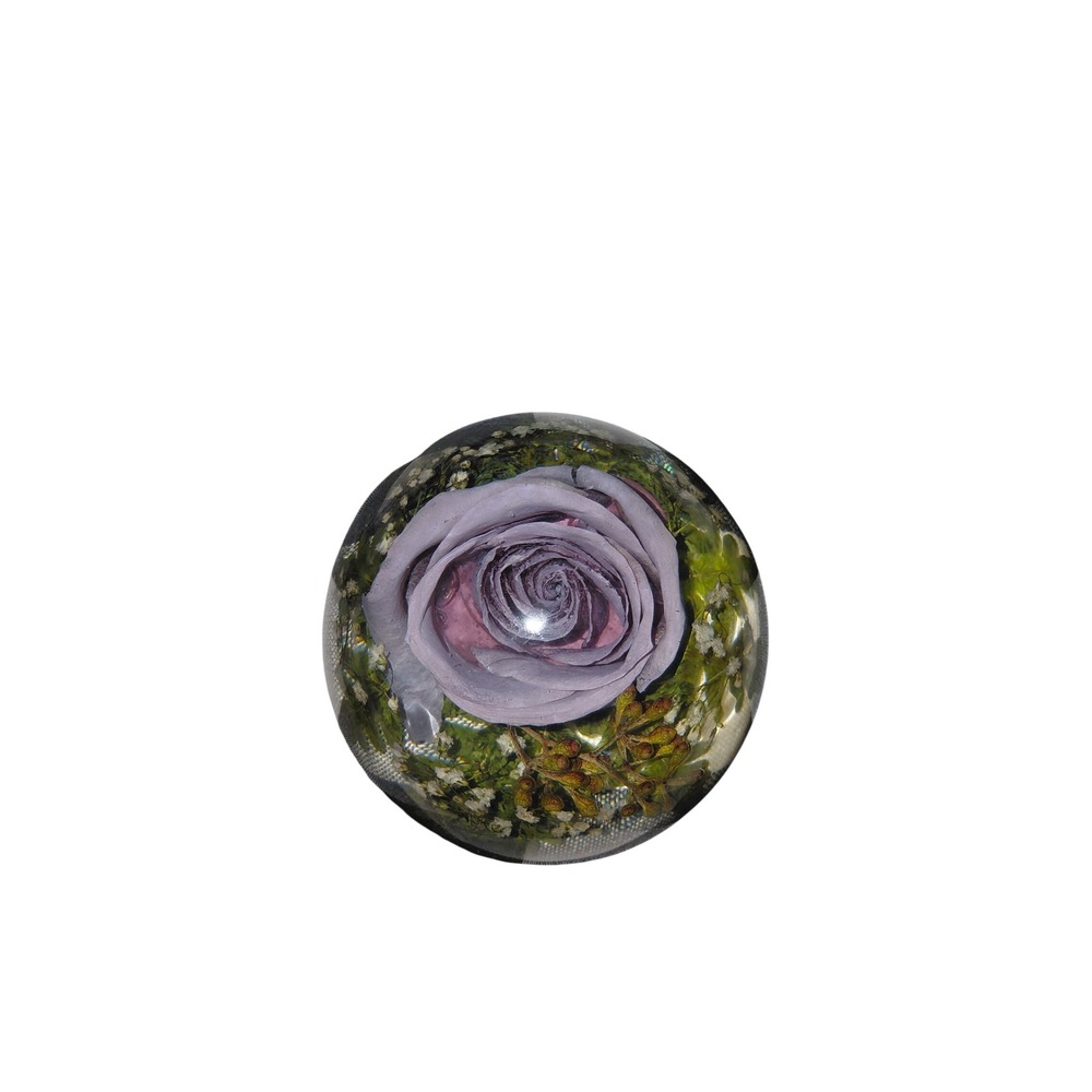 Vintage Resin Paperweight Real Preserved Purple Rose Botanical Floral Dome Decor